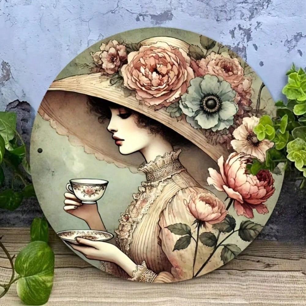 Victorian Floral Metal Lady Wall Art Plaque, Easy to Hang Rustic 2D Flat Decor for Living Room Bedroom Home Garden Outdoor