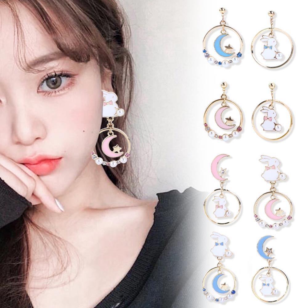 Personality Sweet Moon Korean Girl Asymmetric Earrings Enamel Rabbit Drop Earrings Anti Allergy