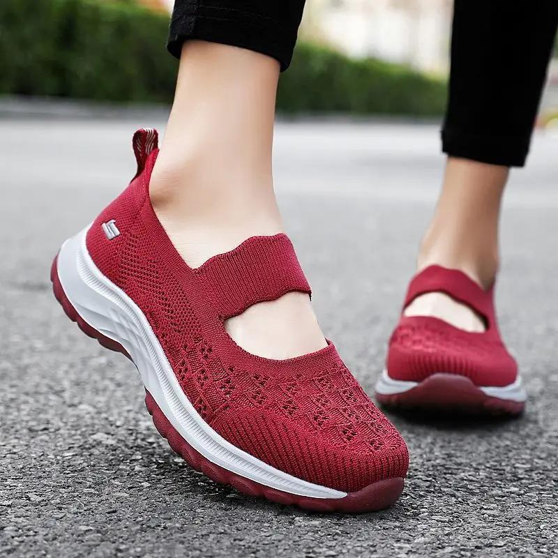 Summer Women Anti-slip Shoes Mesh Breathable Woman Woven Shoes Sneakers Light Slip On Flat Platform Ladies Walking Shoes
