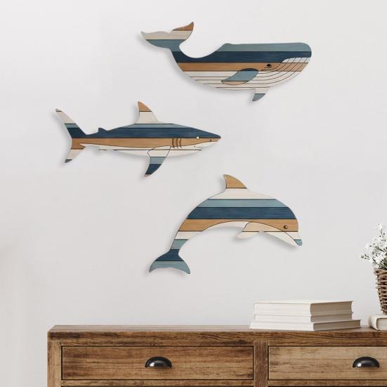 3 Stück Holzfisch Wanddeko Rustikaler Walhai Delfin Strand Küsten Wandkunst Nautische Wandbehang Skulptur für Badezimmer Seehaus Dekor