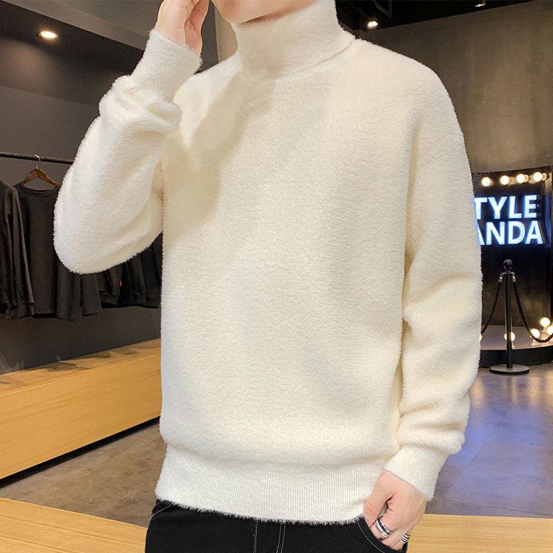 Imitation Mink Fur Sweatwear Mens Anti-pilling High Quality Knitted Turtleneck Sweater Slim Fit Long Sleeve Pullover Solid Color Trend Men Clothing