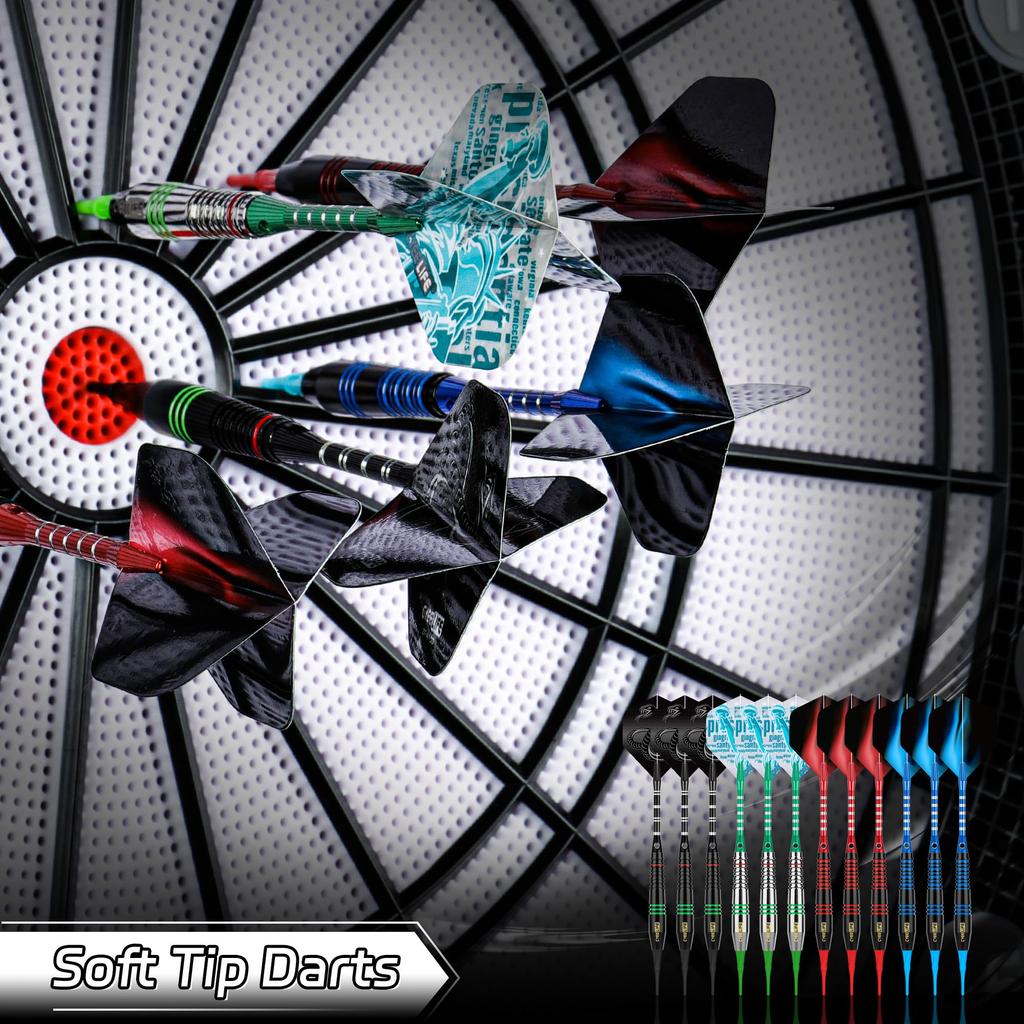 Cyeelife Darts Plastic Tips, Soft Tip Darts Set, 12 Pieces 18g, 4 Colors, High-Quality Aluminum Shank, 100 Extra Dart Tips, 16 Darts, 2 Electronic Dar