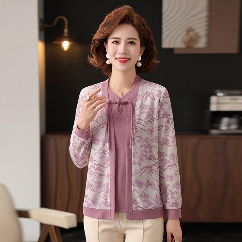 Elegant Spring Knit Two-Piece Set: Women's Chinese Style Long-Sleeve Cardigan for 40s and Up