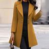 Women Fashion Long Sleeve Woolen Lapel Solid Color Long Jacket Coat