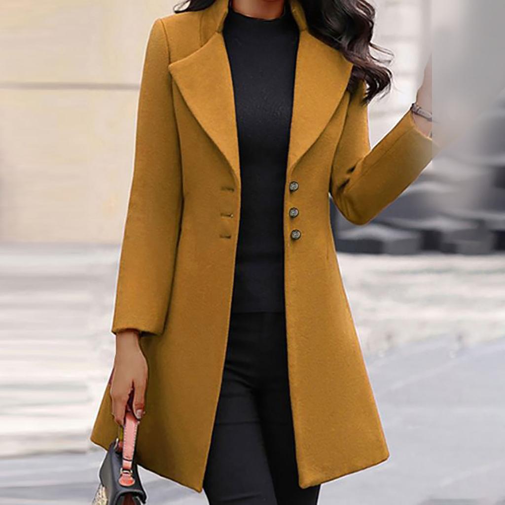 Women Fashion Long Sleeve Woolen Lapel Solid Color Long Jacket Coat