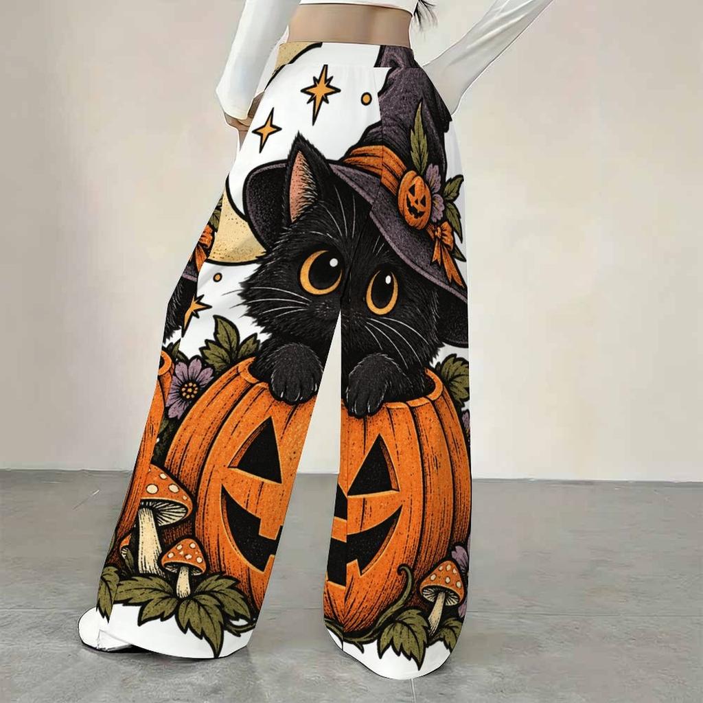 Women Plus Size Loose Straight Leg Pants Halloween Cartoon Duck Printed Full Length Casual Trousers