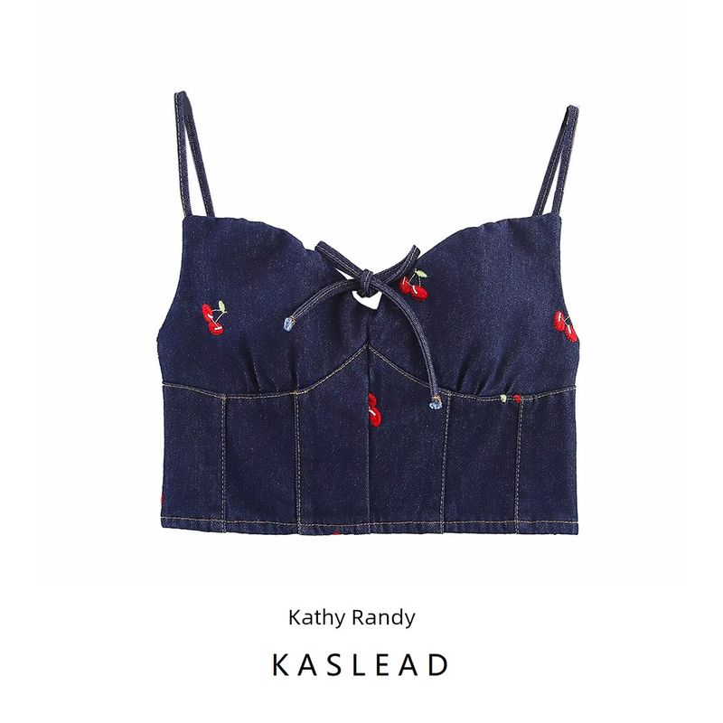 Kaslead New Arrival Women's Fashion Wind Washed Embroidered Denim Shoulder Strap Adjustable Short Sling Tops