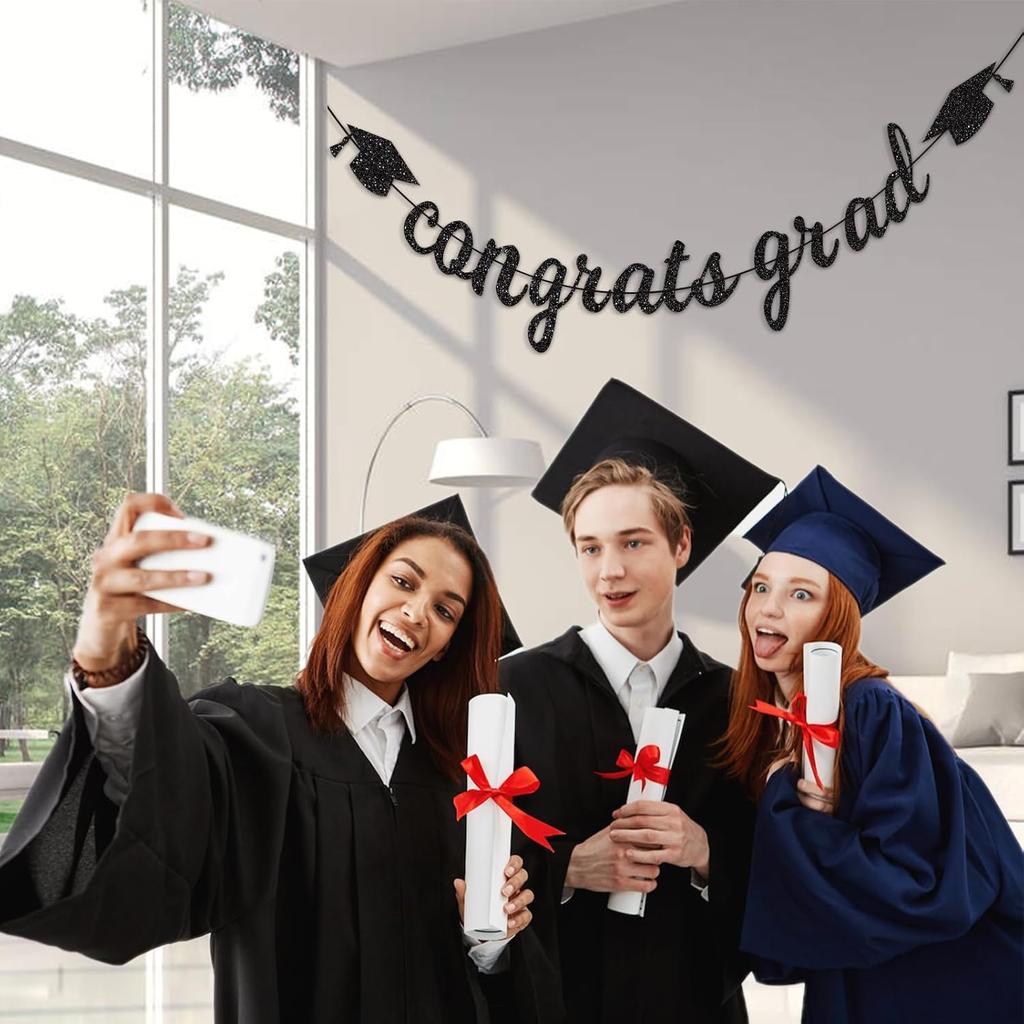 Congrats Grad Banner Decorations - Hanging Glitter Graduation Banner with Cap Garland Sign Bunting for Graduation Celebration Photo Backdrop, College