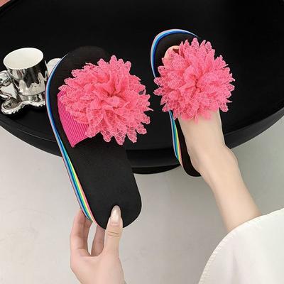 2025 Summer New Fashion Slippers Women's One-word Thick-soled Wedge Heel Flowers Wear Holiday Wind Seaside Beach Shoes Women