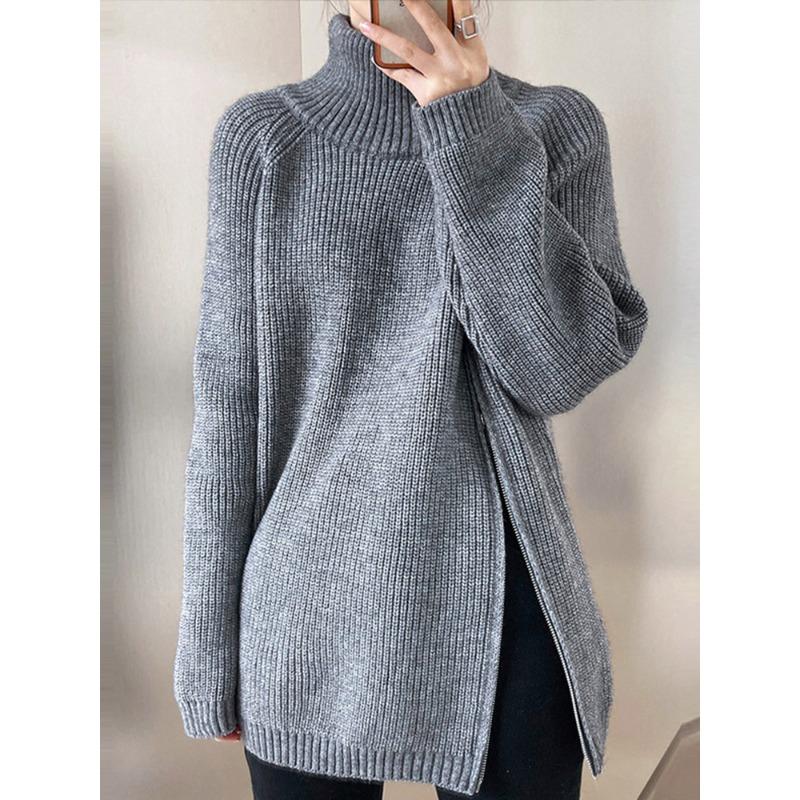 Lazy Style High Neck Zipper Solid Color High-end Knitted Sweater for Outerwear, Loose Long Sleeved Warm Top for Outerwear