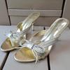 Fashion Sexy Gold Bow Decoration High Heel Slipper Women Elegant Pointed Toe Thin Heel Slide Sandal Fashion Banquet Designer Dress Shoes