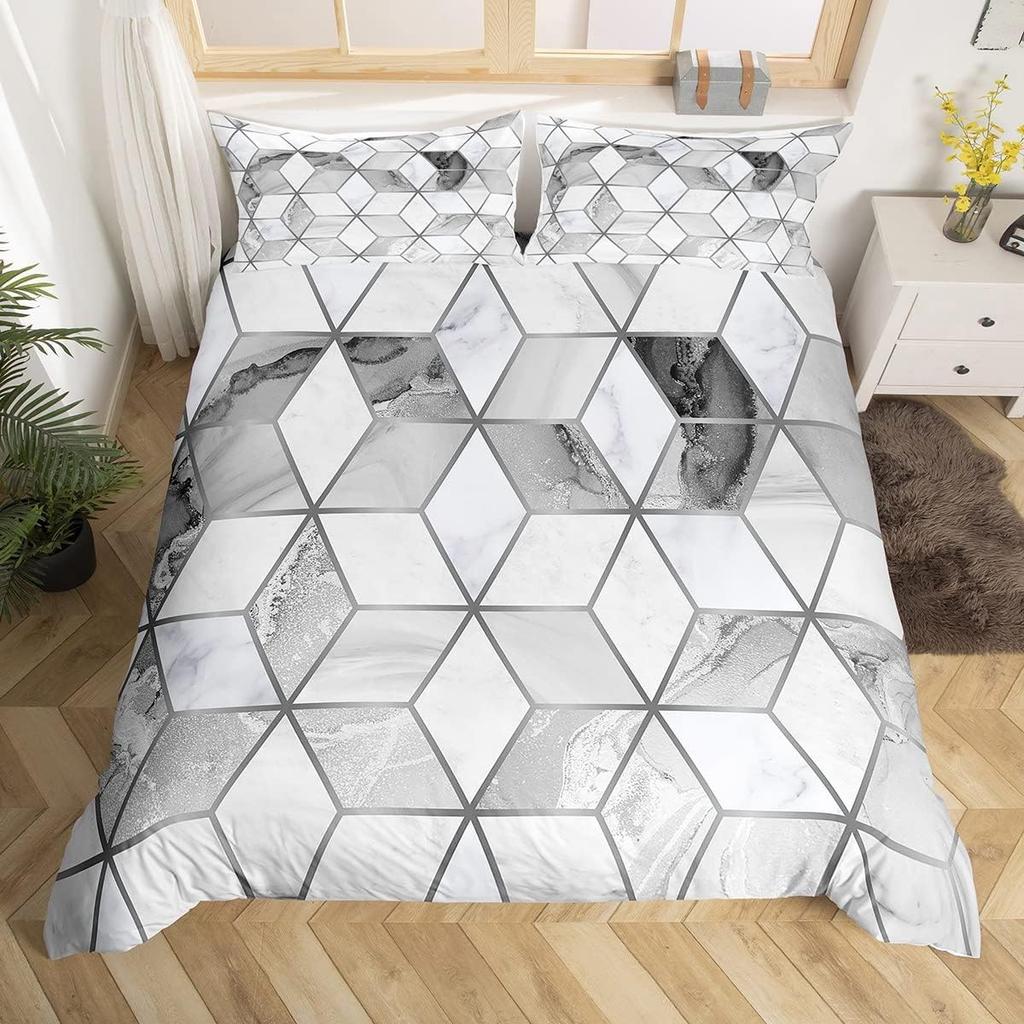 Marble Duvet Cover Queen Full for Kids Boys Girls Modern Luxury Marble Print Comforter Cover Geometric Cube Bedding Set 2/3Pcs
