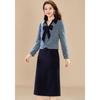 Kobeier Faux Mink Velvet Bow Lapel Top & Straight Skirt Set