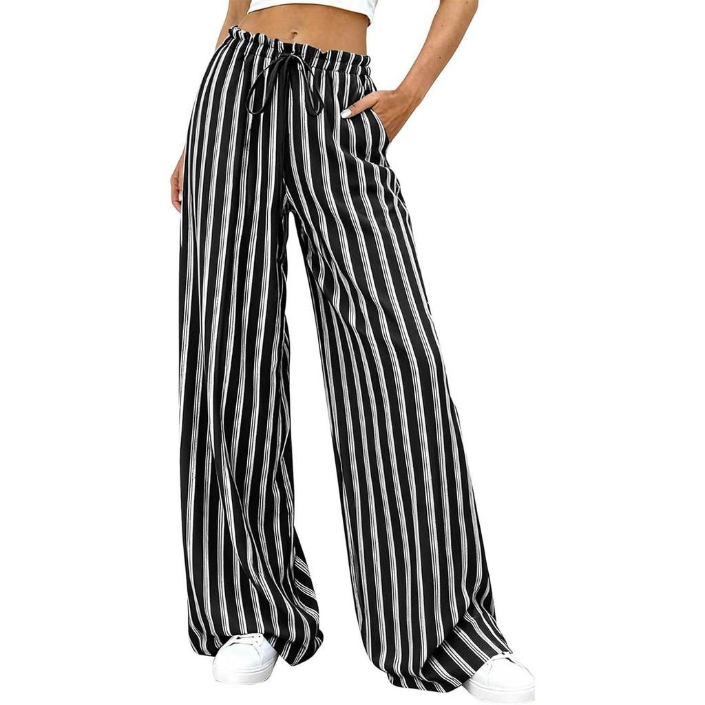 Pantaloni da Donna a Gamba Larga Vestibilità Larga Vita Elastica Fantasia a Righe Pantaloni Casual per Pendolarismo Uso Quotidiano Vestibilità Rilassata