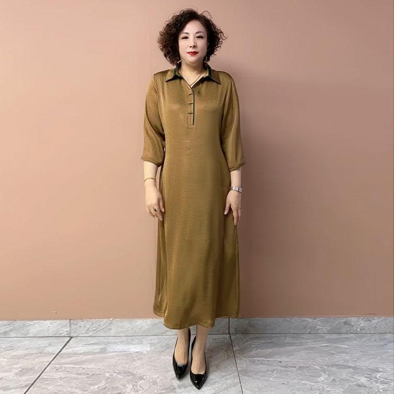 Women’s Silk Dress Summer Lapel Plus-size Dress Solid Color Soft Skin-friendly Breathable Silk Long Dress