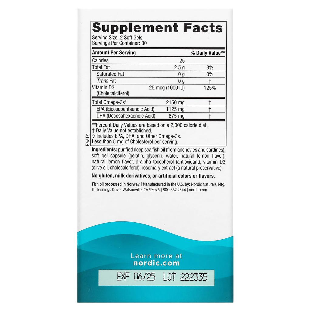 Nordic Naturals, Ultimate Omega 2X with Vitamin D3, Lemon Flavor, 60 Softgels