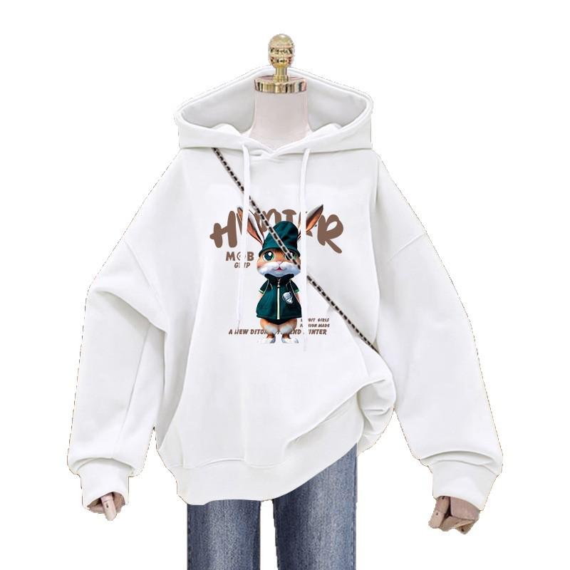 Women's Cartoon Print Fleece-Lined Hooded Sweatshirt - Stylish, Cozy, Loose-Fit, Couple-Friendly Outerwear