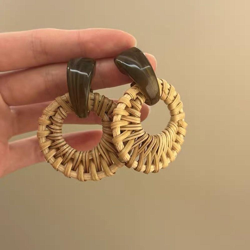 Wood Rattan Weave Earrings Round Beach Jewelry Retro Bohemian Drop Earrings  Women