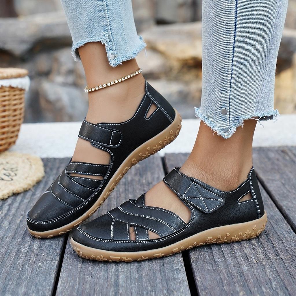 Breathable Casual Shoes with Retro Velcro Fasteners, Large Size, New Style, Open Design for Women