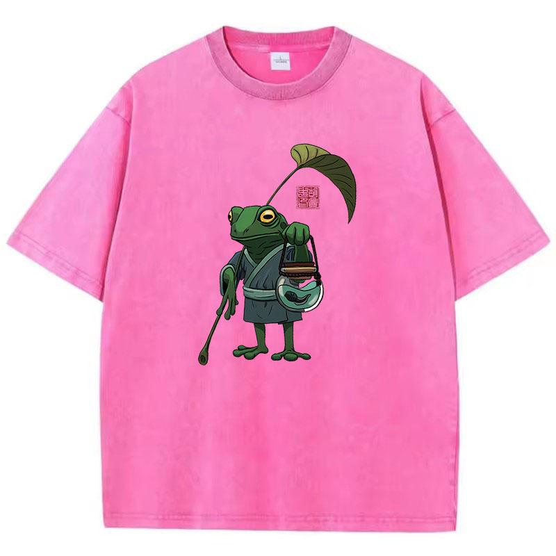 T-shirt Vintage Płukana Bawełna Styl Japoński Żaba Grafika Anime T-shirt Casual Streetwear Wiosna Lato