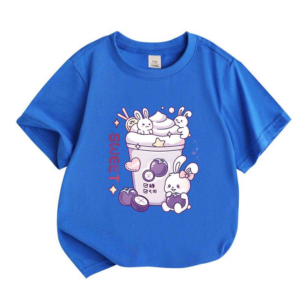 Cartoon Cute White Bunnies Purple Mangosteen Sweet Print Kids 100% Cotton Crew Neck Short Sleeve T-Shirt, Casual Soft Breathable Tee for Boys Girls Da