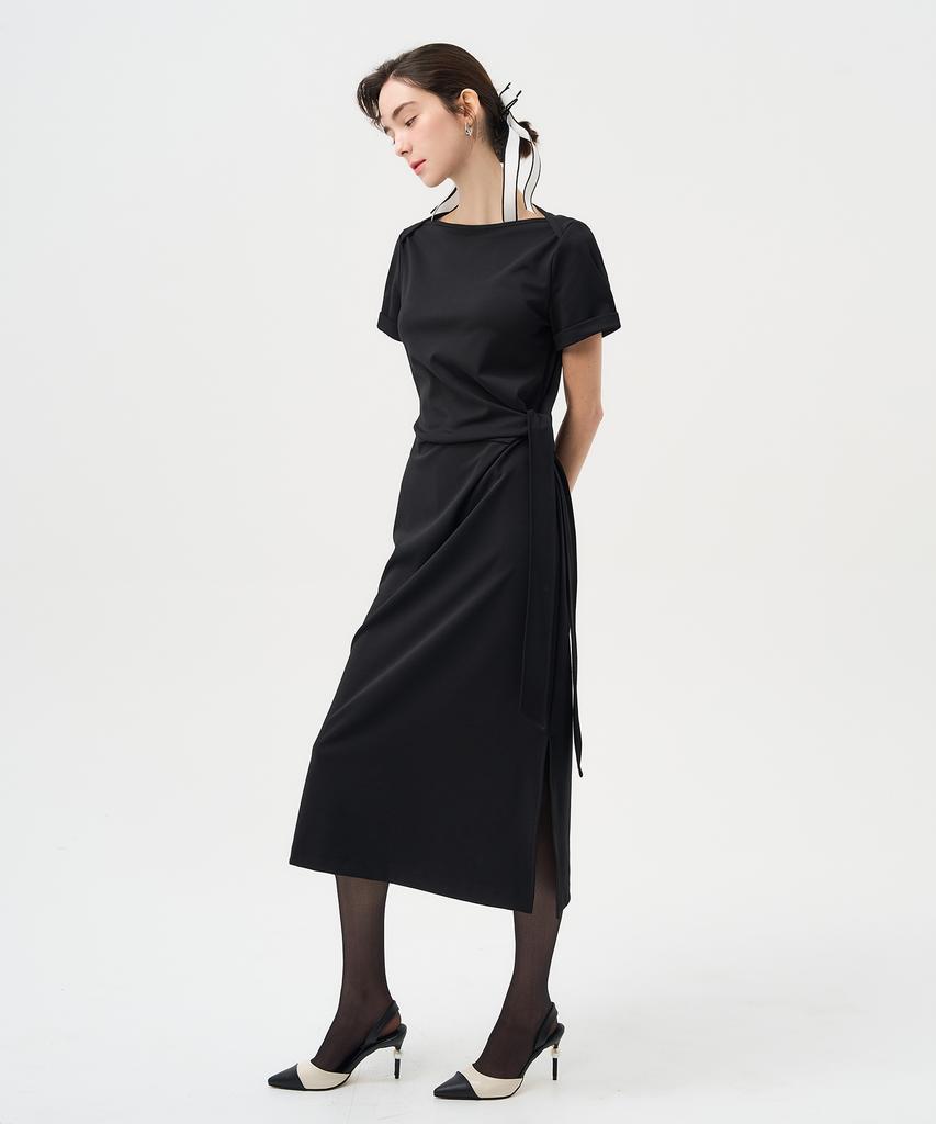 Pelimela Boat Neck Tie H-Line Midi Dress (Black)