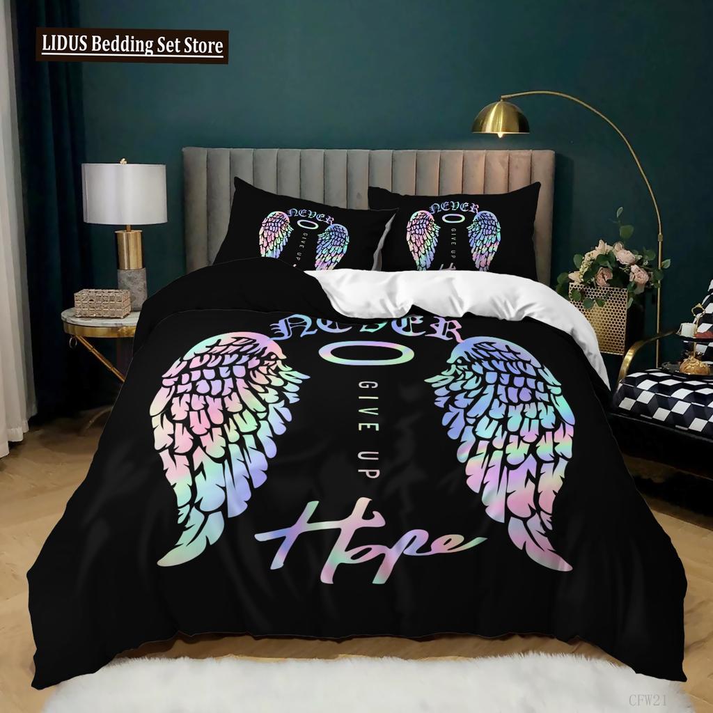 Engelsflügel Bettbezug Set Schwarzer Hintergrund Leuchtend Orange Flügel 3D Druck Bettdeckenbezug King Queen Größe Polyester Bettwäsche Set
