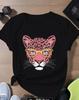 Pink Tiger Print Loose-Fit Cotton T-Shirt - Casual Round Neck, Short Sleeve, Comfortable, Age-Reducing, Personalized Slimming Design