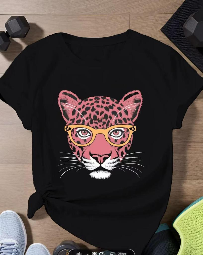 Pink Tiger Print Loose-Fit Cotton T-Shirt - Casual Round Neck, Short Sleeve, Comfortable, Age-Reducing, Personalized Slimming Design