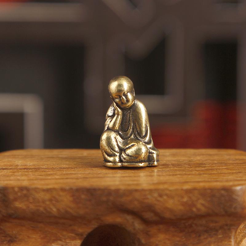 Brass Retro Mini Monk Figurine for Fish Tank Decor