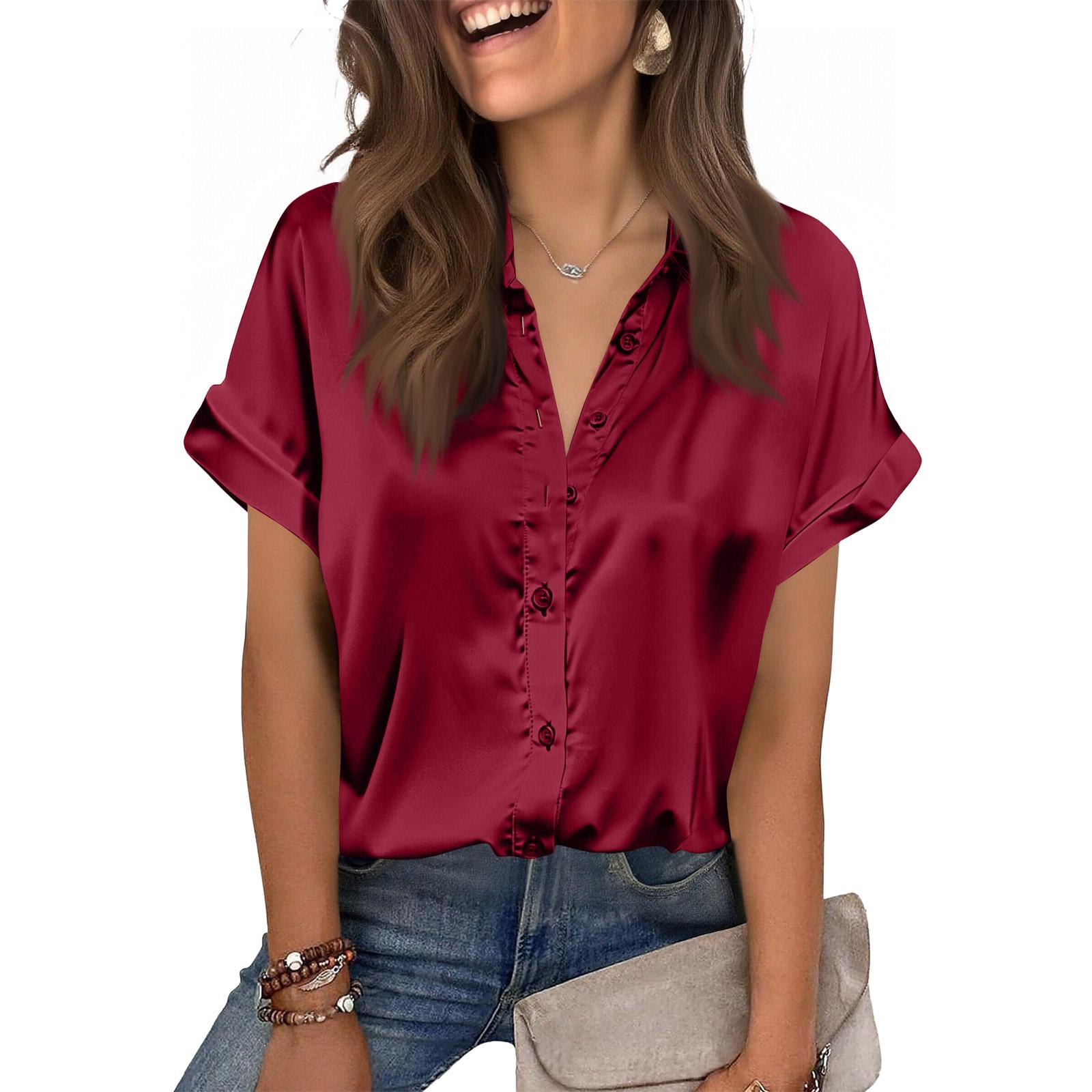 Women s Fashion Casual Short-Sleeve V-Neck Button Top M