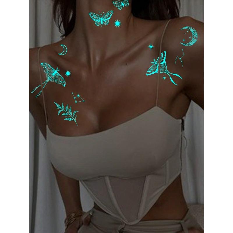 1 Sheets Luminous Glow In The Dark Body Art Temporary Tattoo Stickers, Moon Butterfly Botanical Pattern, Waterproof Fake Tattoo Sticker