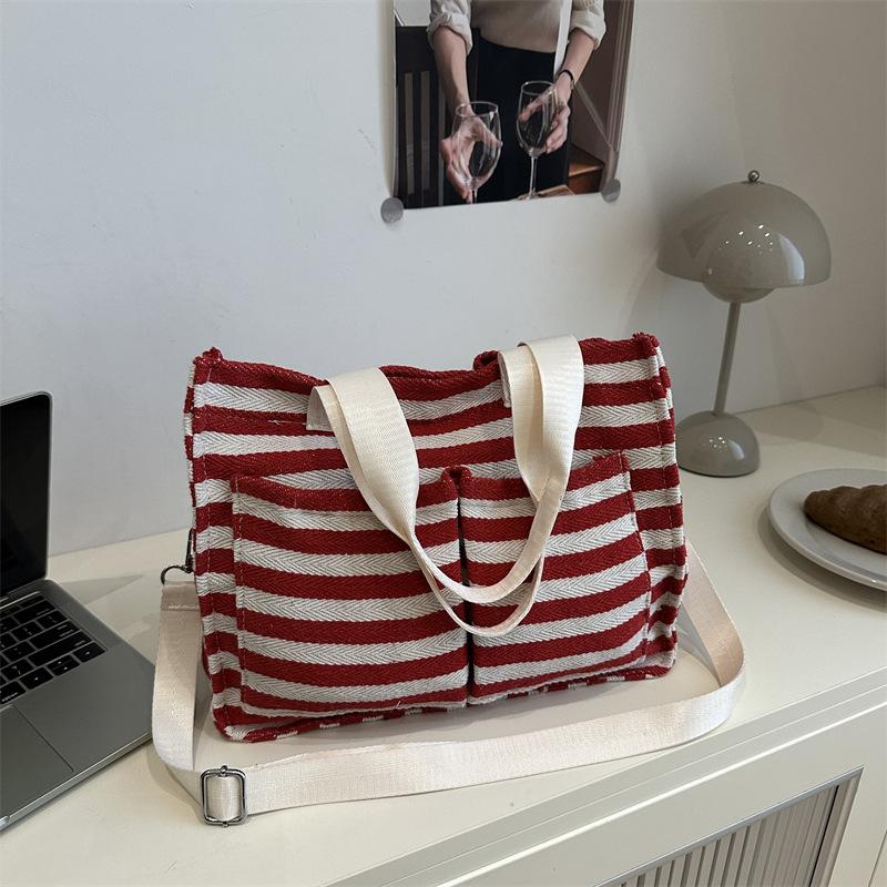 Literary Contrasting Color Canvas Bag Spring and Summer New Tote Bag Large Capacity Shoulder Underarm Striped Beach Bag