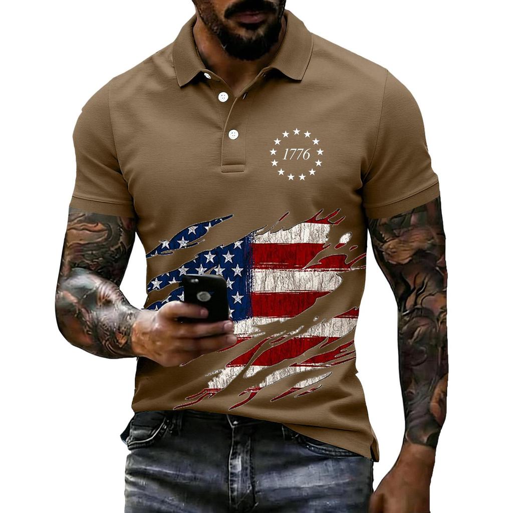 Men's Loose Fit Casual Polo Shirt Short Sleeve Flag Print 1776 Graphic Design Button Collar Summer Top