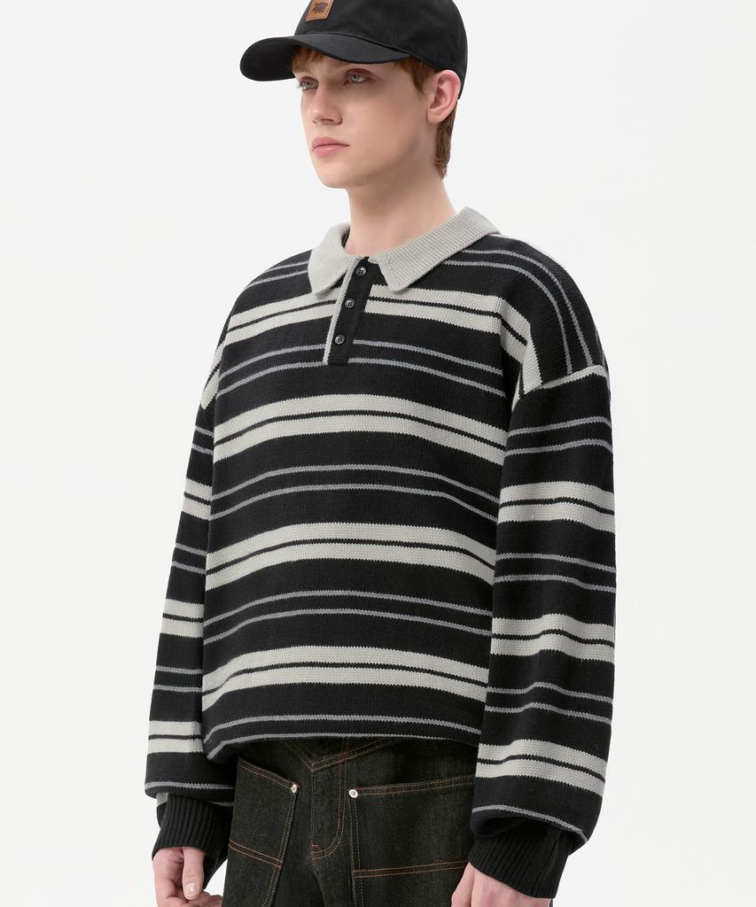 TRILLION Washable Striped Button Collar Neck Knit [Black]