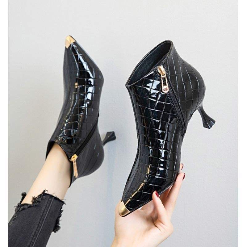 European and American thin heel boots pointed thin boots 2025 autumn and winter new patent leather short boots women's high heels versatile vel
