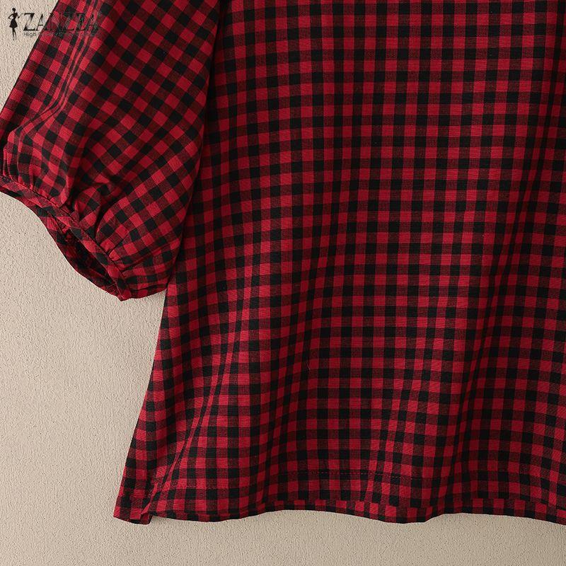 ZANZEA Women Casual Round Neck Plaid Print Loose Short Sleeve Blouse