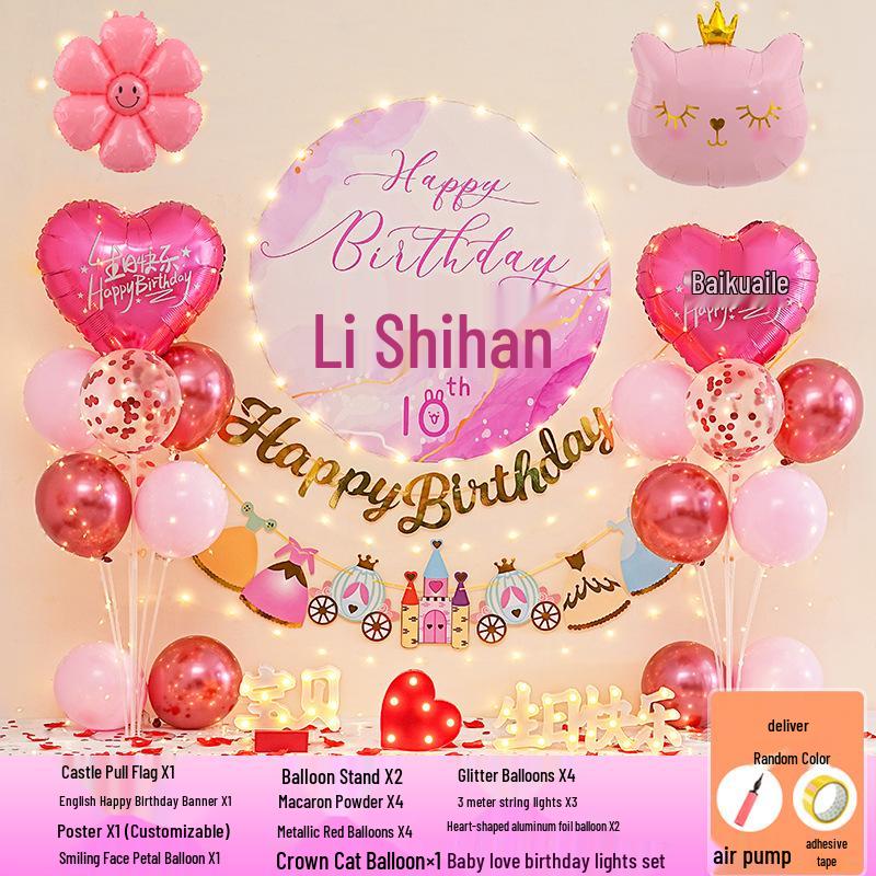 Happy Birthday Balloons for 7-8-Year-Old Girls - Home Party Decoration and Background Wall Decor