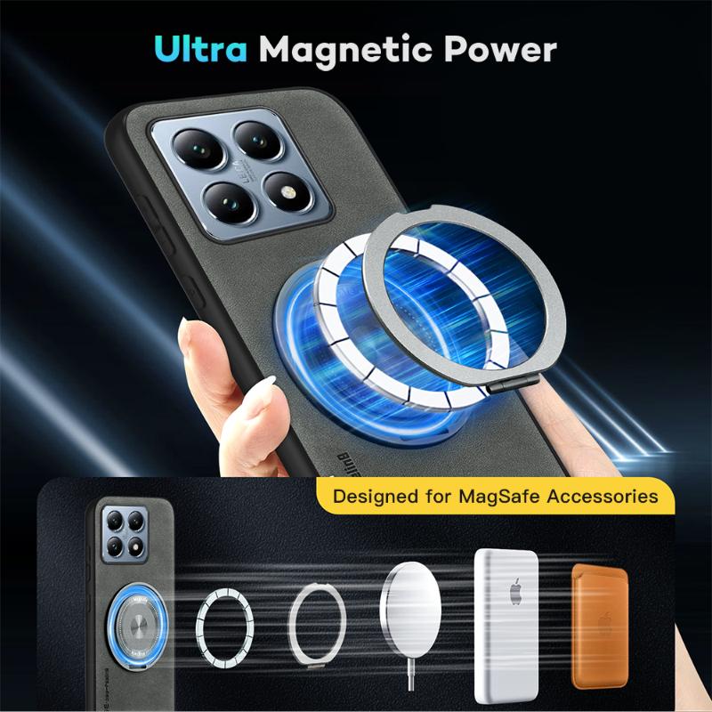 For Magsafe Magnetic 360 ° Rotat Metal Bracket Ring Leather Phone Case For Xiaomi 13T 14T Pro Redmi Note 13 10 11 12 14 Pro Plus