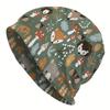 1 Unisex Forest Animal Knit Beanie - Cute Brown and Green Hedgehog Deer Pattern, Durable Knit Fabric, Comfortable Stretch Fit, Casual Outdoor Hat, Fes