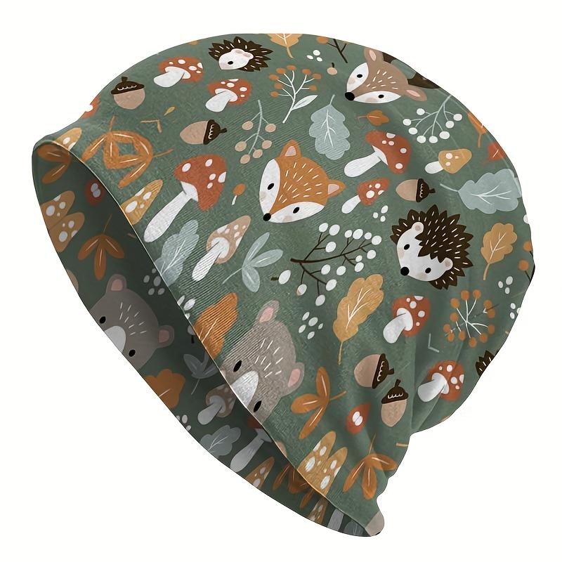 1 Unisex Forest Animal Knit Beanie - Cute Brown and Green Hedgehog Deer Pattern, Durable Knit Fabric, Comfortable Stretch Fit, Casual Outdoor Hat, Fes