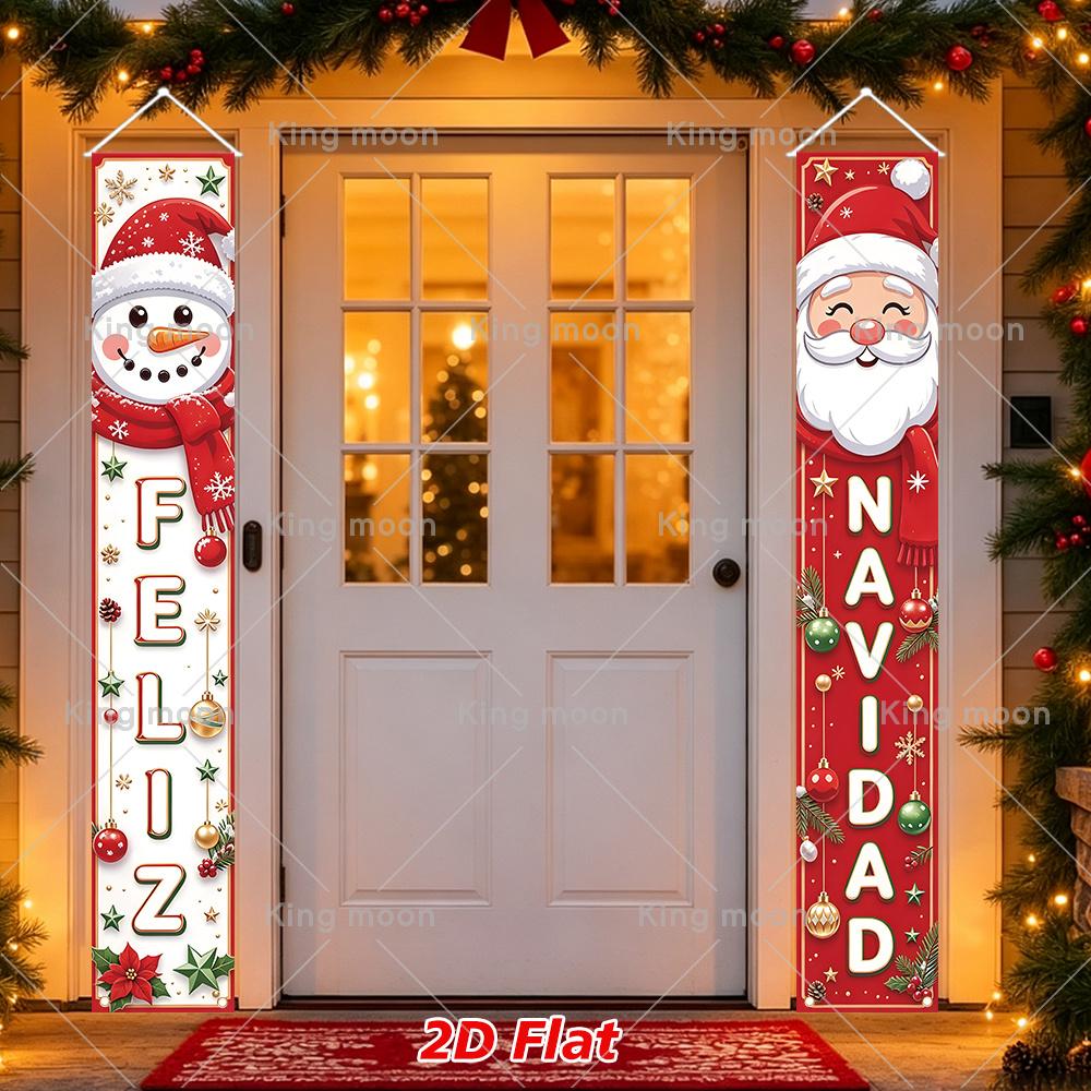2D Flat, 2pcs Spanish Christmas Banner with Feliz Navidad - Red Feliz Navidad Lettering Suitable for Porch, Door, Wall Decor, Snowman & Santa Claus Ha