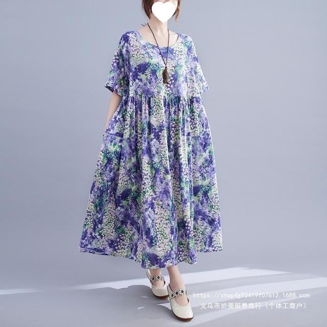 Summer New Literary Age Reduction Large Size Loose and Thin Printed Short-sleeved Long Dress with Pockets Over the Knee Skirt