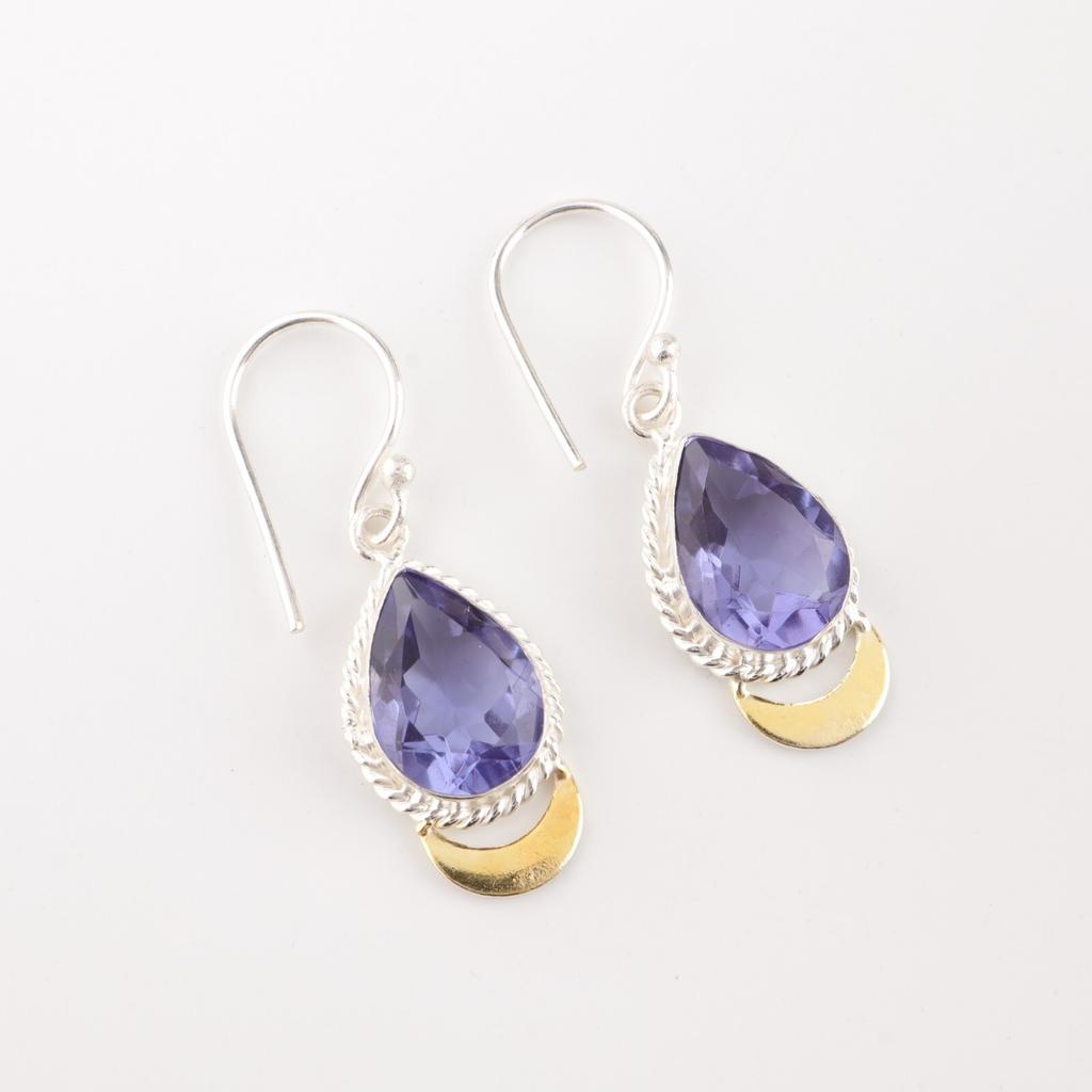 Iolite Gemstone 925 Sterling Silver Jewelry Handmade Hook Earrings 1.5" For Gift EE-162-9