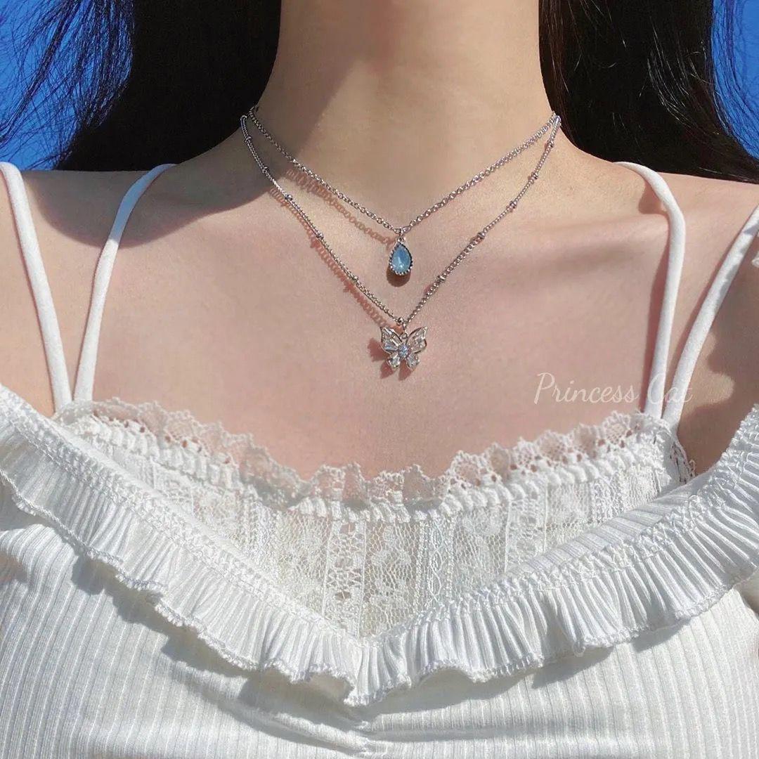 

Korean Style Teardrop Howlite Diamond Butterfly Choker Necklace for Women