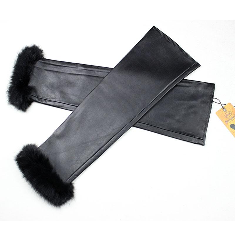 40CM Long Leather Sleeves Women's Rabbit Fur Cuffs Velvet Lining Warm and Fashionable Sheepskin Fingerless Gloves