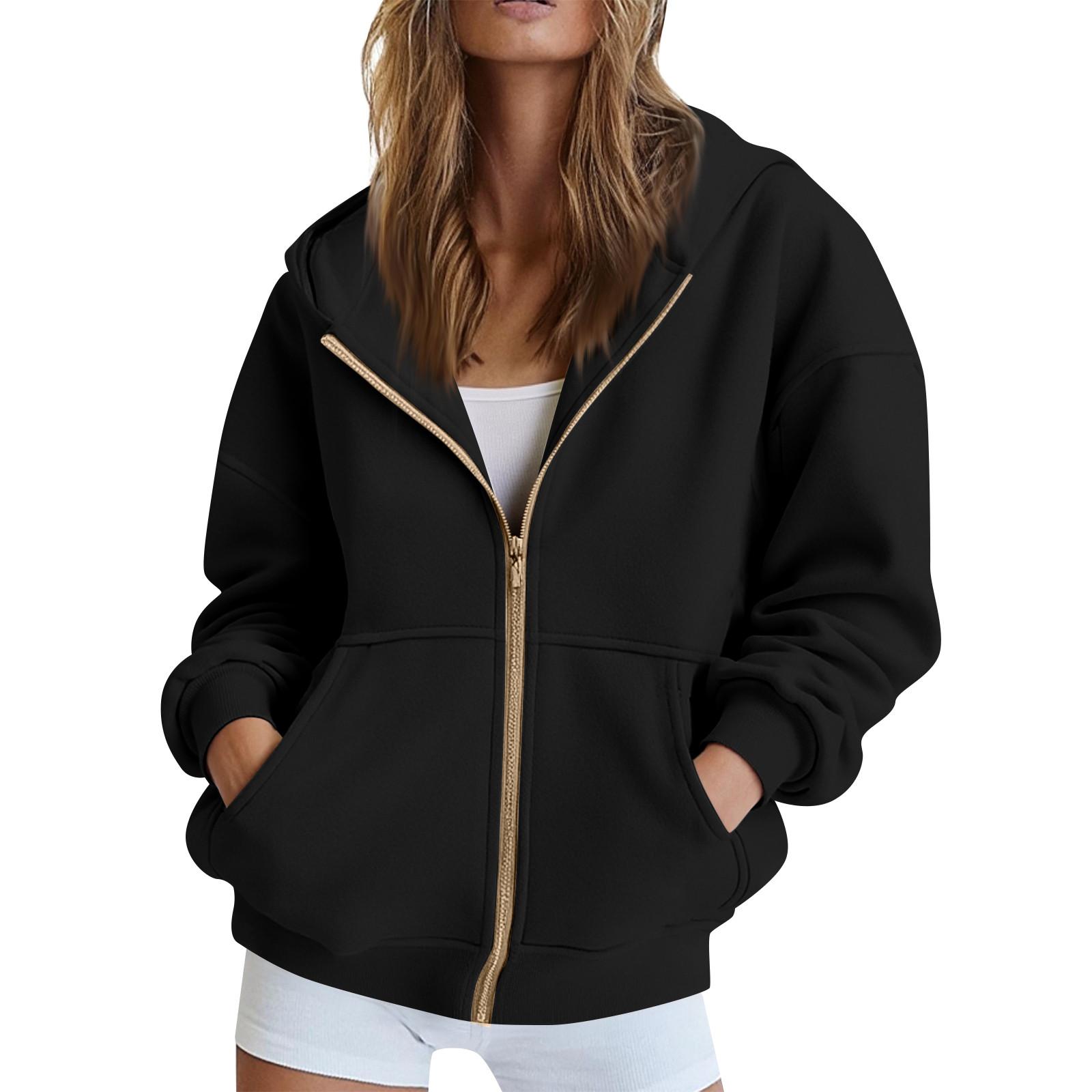 

Women s Solid Color Casual Fashion Long Sleeve Zipper Hooded Sweatshirt Jacket S чорний