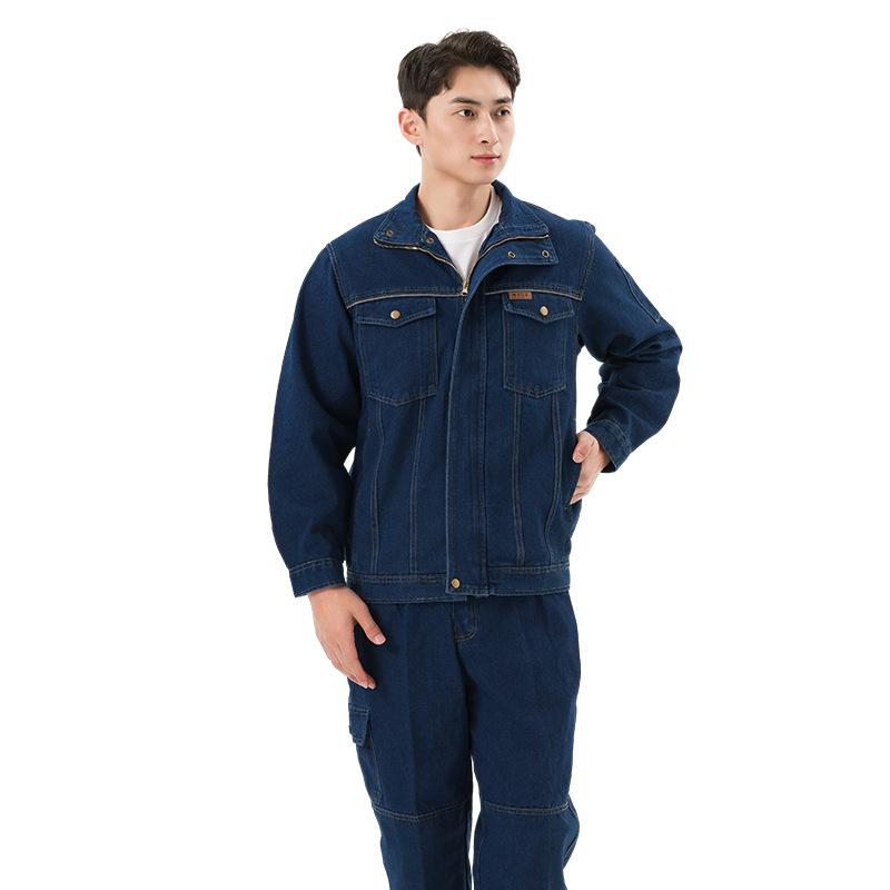 Labor-protection Denim Workwear Bamboo Fiber Patchwork Woven Long-sleeve Summer Thin Set Men; Durable Abrasion-resistant