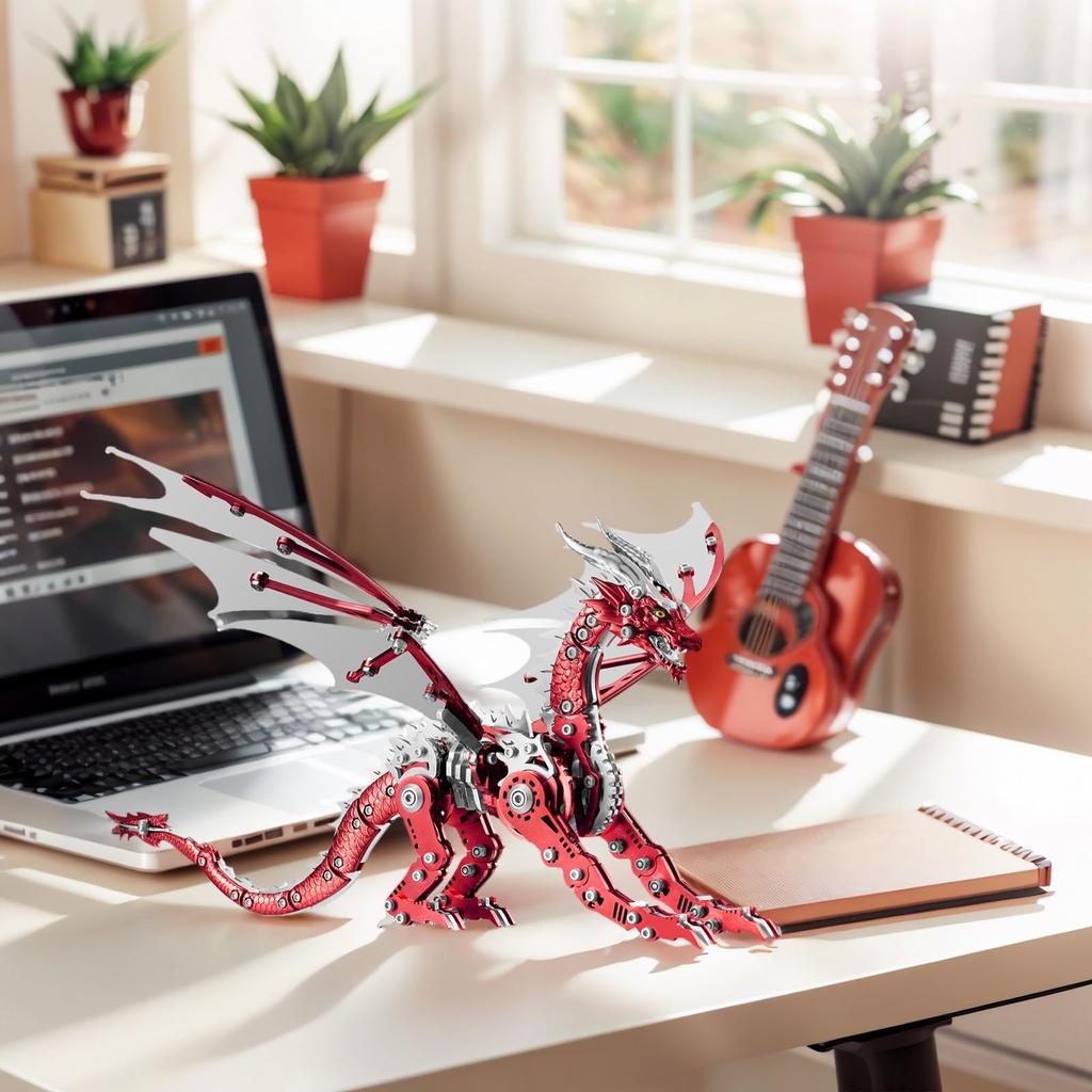 LONGPIN 3D Metal Dragon Puzzle for Adults, 3D Model Assembly Kit Interior GoodsOffice DecorGift Compatible Mechanical Engineering Design (Red)