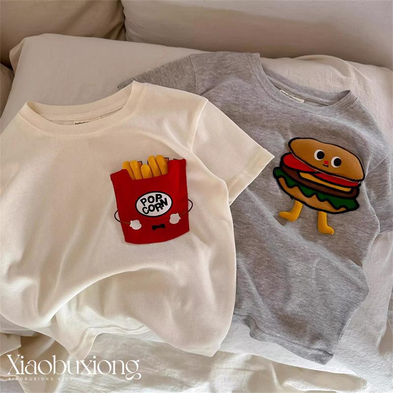 Kids Summer Short Sleeve T Shirt with 3D Fries and Burger Print for Boys and Girls
